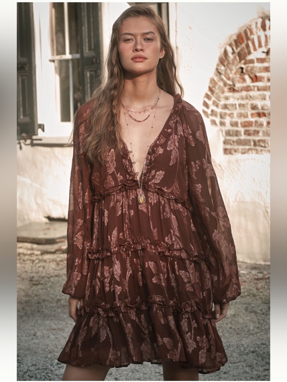Nwt Boho Tiered Long-Sleeve Dress in Deep Brown